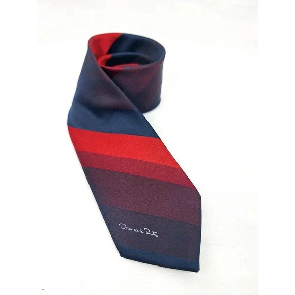 Vintage Oscar de la Renta Rep Stripe Red‎ Blue Ombre Logo Necktie - Picture 1 of 5